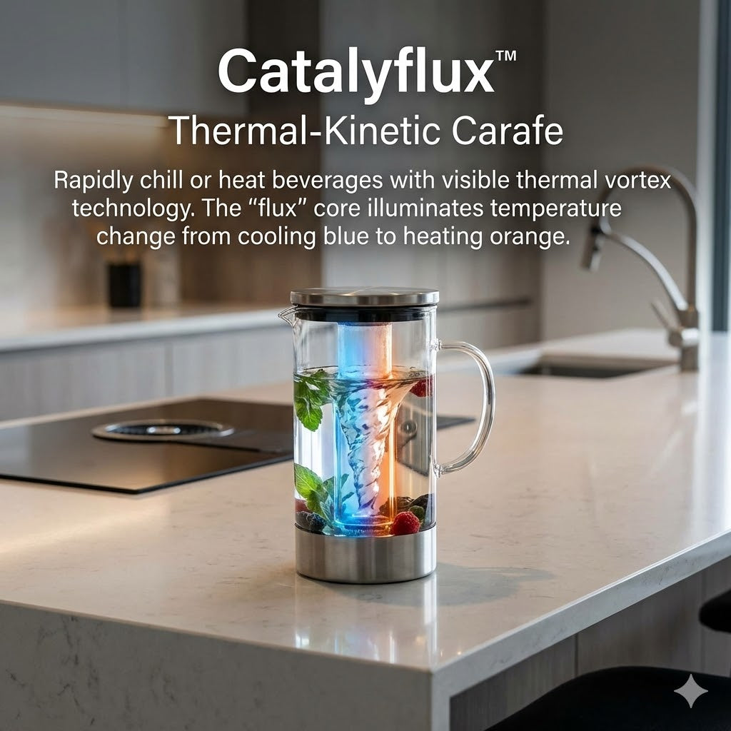 ◒ Catalyflux™ THERMAL-KINETIC CARAFE Master the elements. A thermodynamic centerpiece that transforms daily hydration into a kinetic spectacle.
