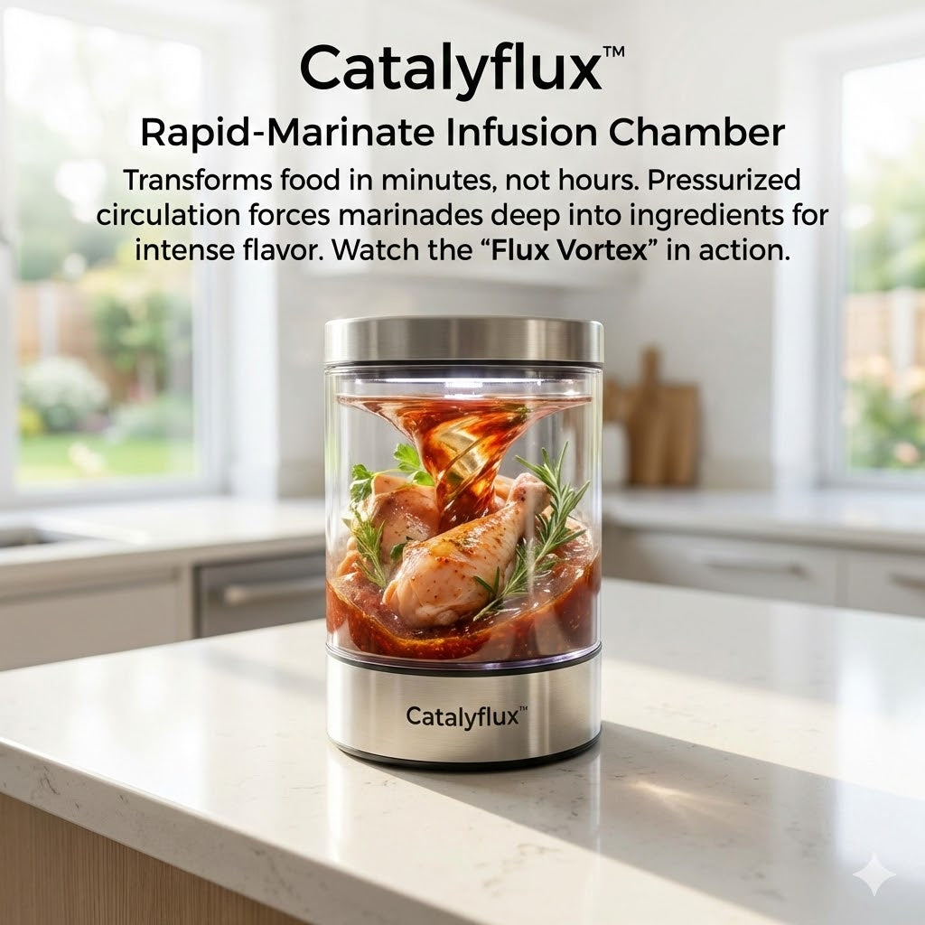 ⏳Catalyflux™ RAPID-MARINATE INFUSION CHAMBER"Why wait 24 hours for flavor that only sits on the surface? The Catalyflux™ uses kinetic energy to force intense taste deep into the fiber of your food—in minutes."