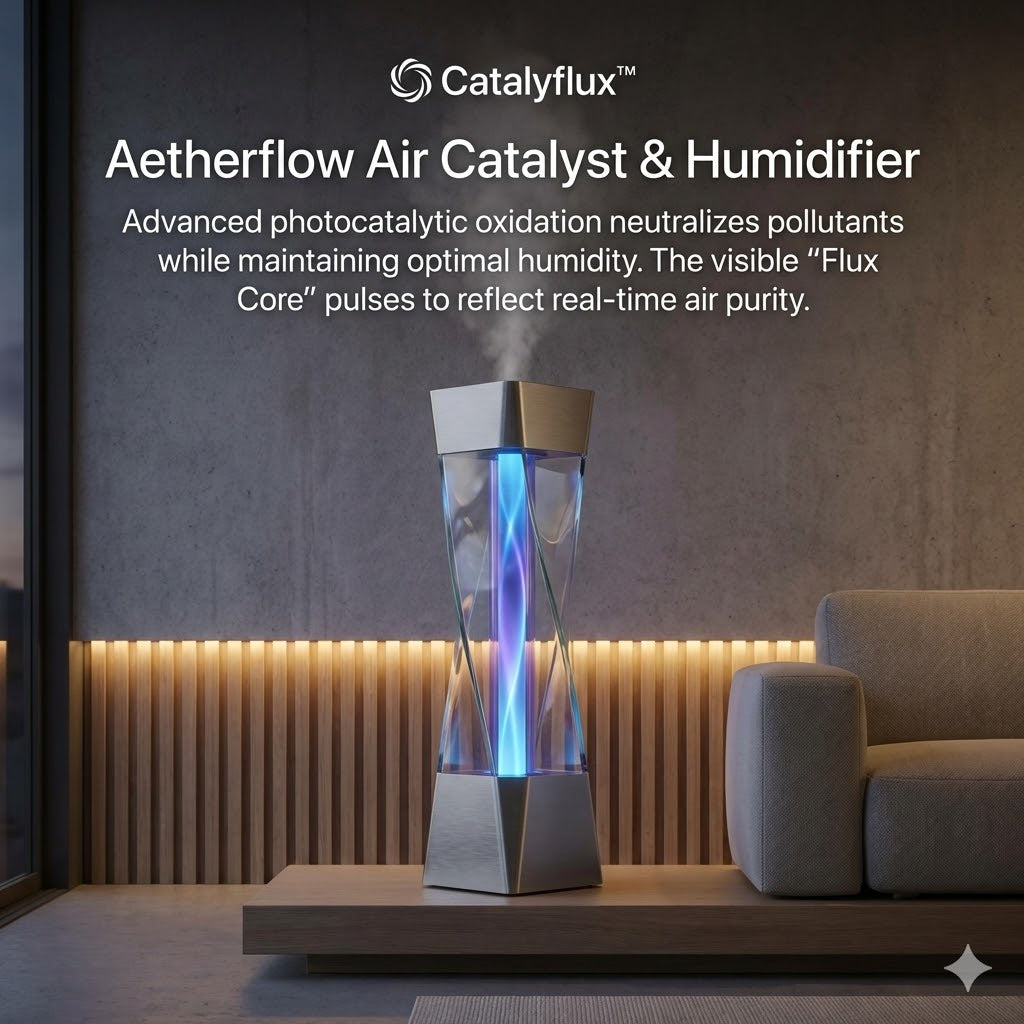 Catalyflux™  A E T H E R F L O W The Air Catalyst & Humidifier Breathe the future. A sculptural micro-climate engine for the modern sanctuary.