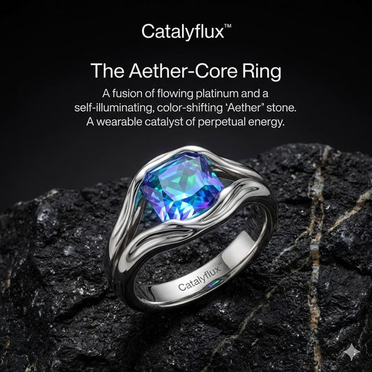 Catalyflux™  THE AETHER-CORE RING "A fusion of flowing platinum and a self-illuminating, color-shifting 'Aether' stone. A wearable catalyst of perpetual energy."